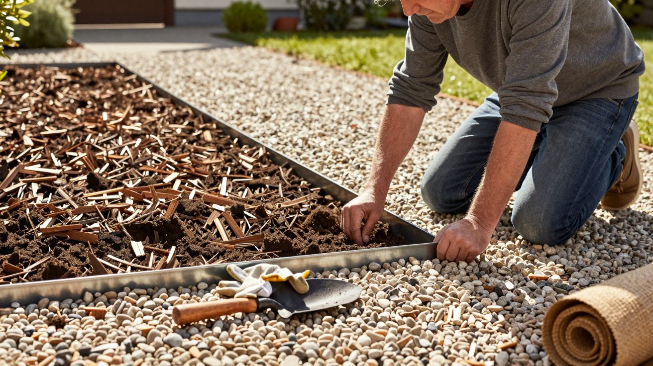 Man kneeling to plant seeds in soil bordered by gravel, with gardening tools and mulch on the ground.