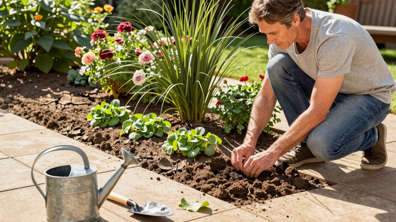 Man gardening, planting small plants in soil near patio, with a watering can and trowel beside him on a sunny day.