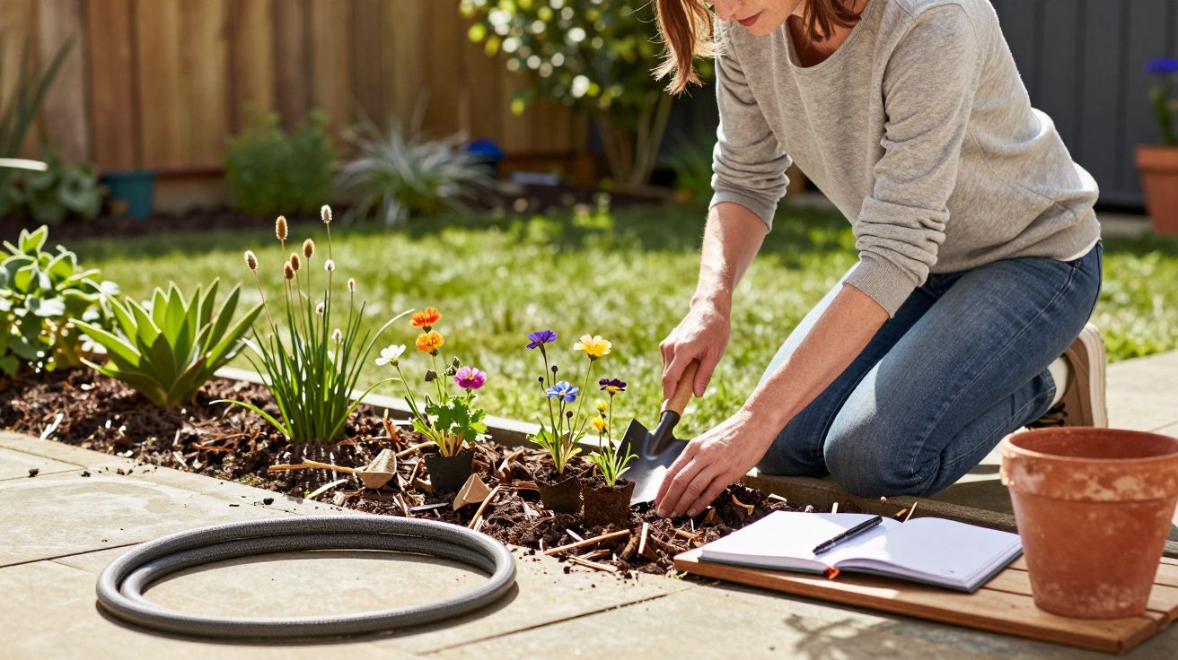 Person kneeling in garden, planting flowers beside a notebook and garden hose on a sunny day.