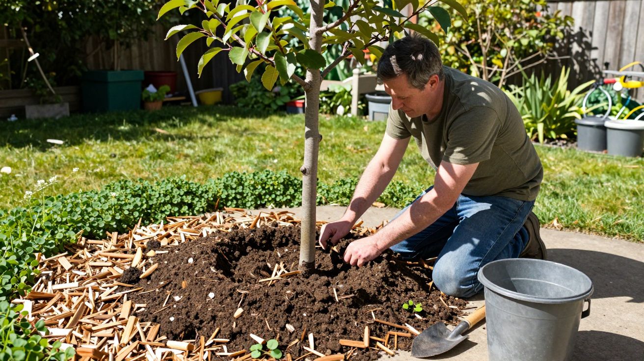 Man planting tree in garden, surrounded by mulch, with a bucket and spade nearby.