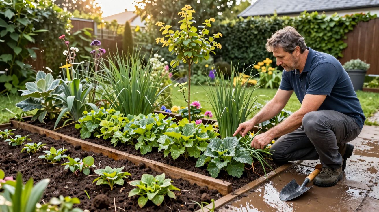 Man tending to a vibrant garden bed with various plants and flowers; garden tools lie nearby on the damp ground.