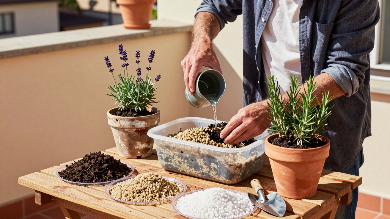 Man preparing soil mix with perlite, clay pebbles, and compost for planting, on a sunny patio with potted plants.