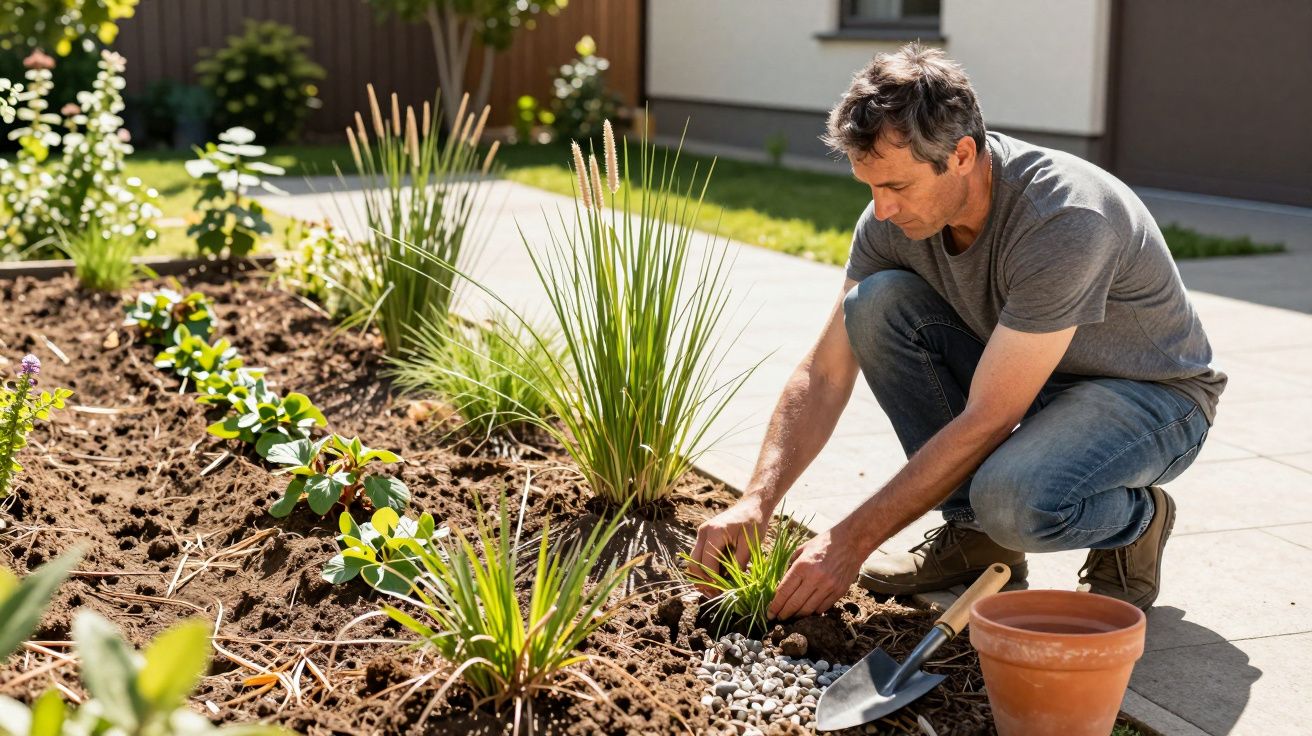 Man planting in a garden bed, surrounded by green plants, holding soil. Tools and empty pot nearby on sunny day.