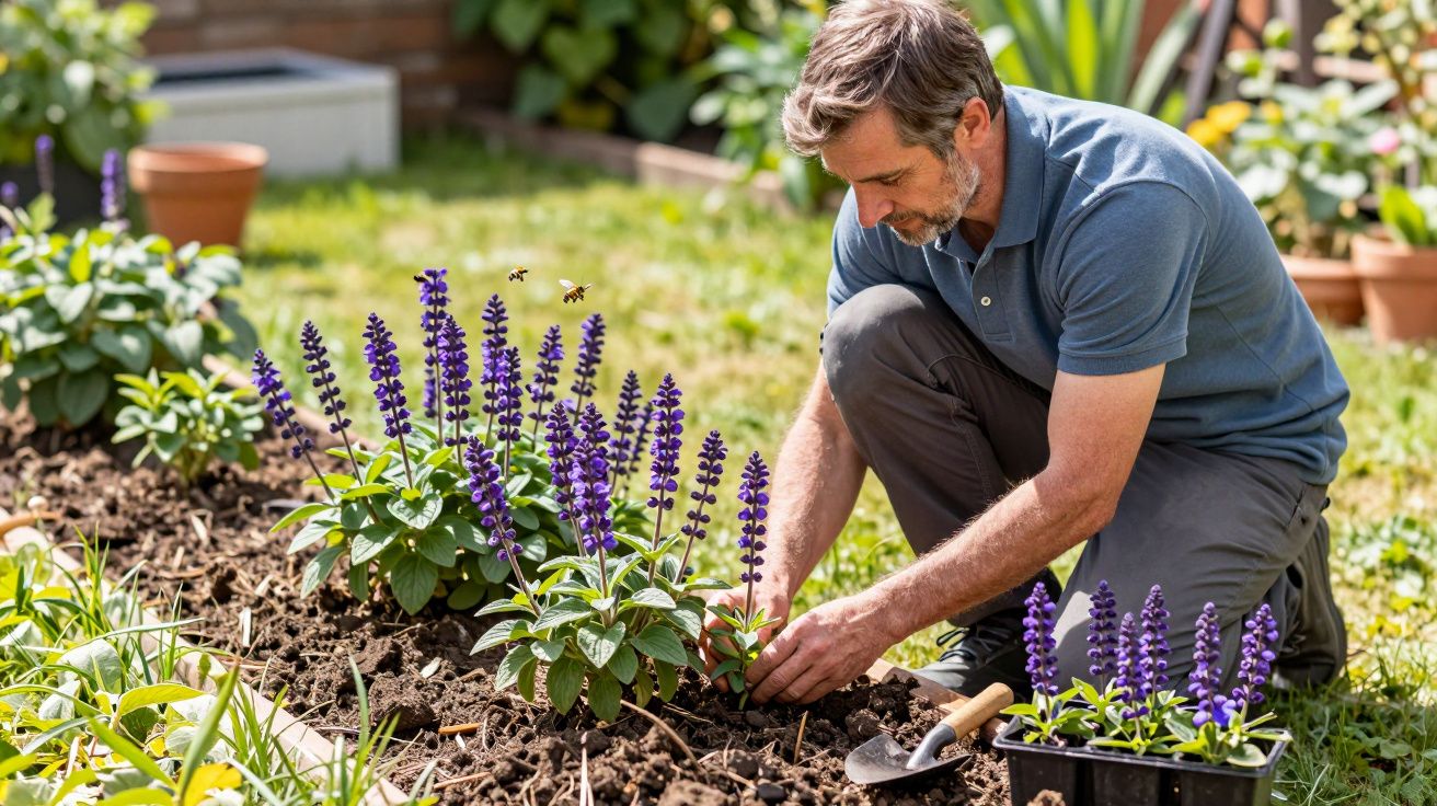 Man crouching in garden, tending to blooming purple flowers with tools; bees flying nearby.