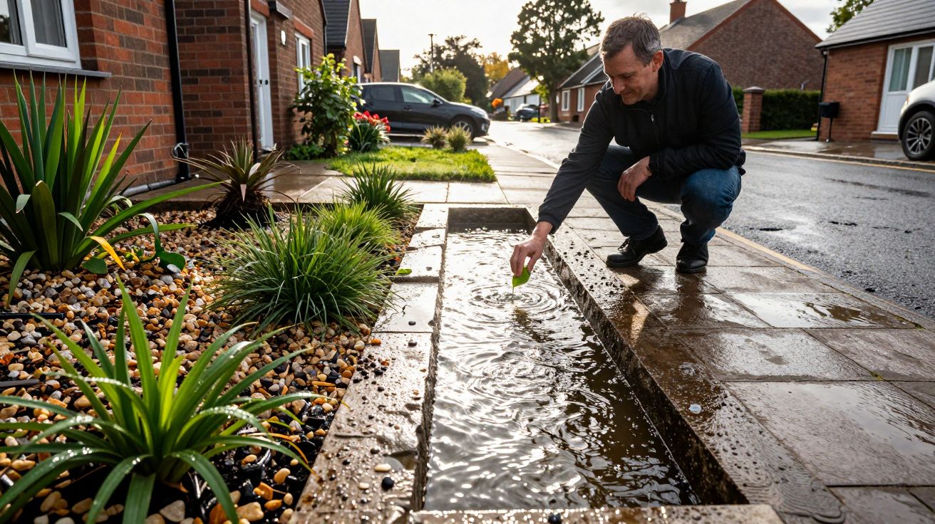 Man checks water in a drainage channel beside a pathway lined with plants and pebbles on a residential street.