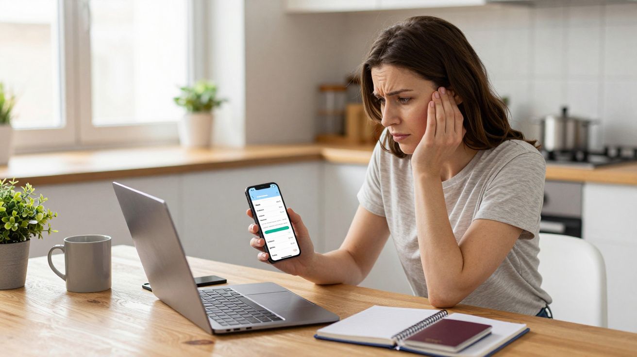Woman looking concerned at phone in kitchen, with laptop and notebook on table.
