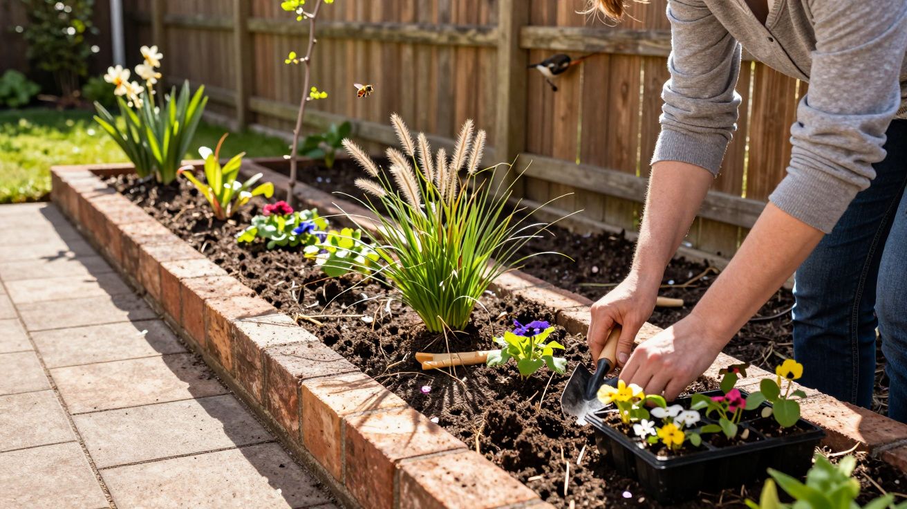 Person planting colourful flowers in a raised brick garden bed on a sunny day.
