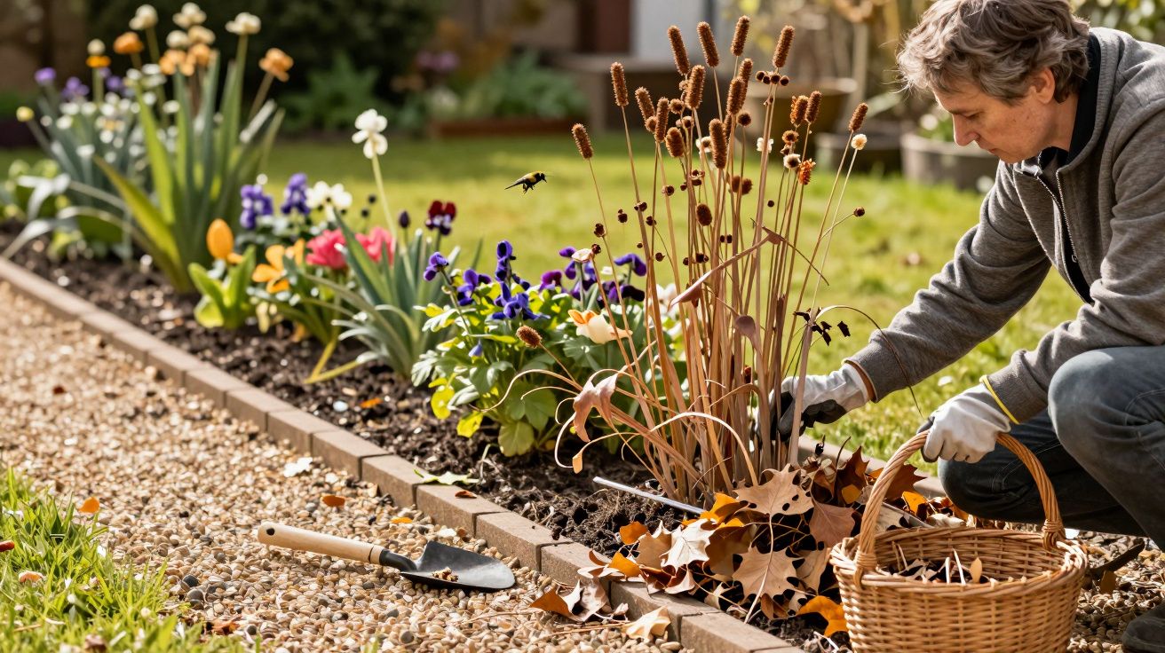 Person gardening, tending to flowers, and collecting leaves in a basket near a flowerbed on a sunny day.