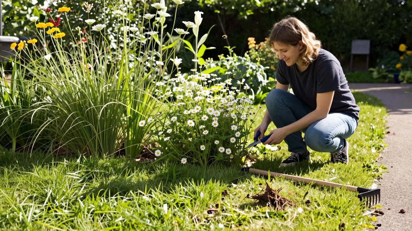 Woman gardening, kneeling while trimming daisies in a sunny garden, surrounded by various plants and flowers.
