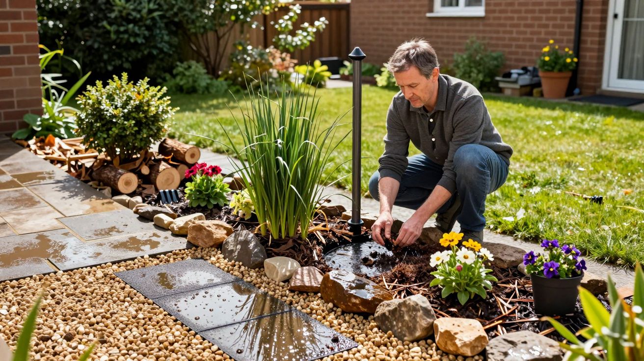 Man gardening near a small pond, planting flowers and plants in a sunny garden with a stone pathway.
