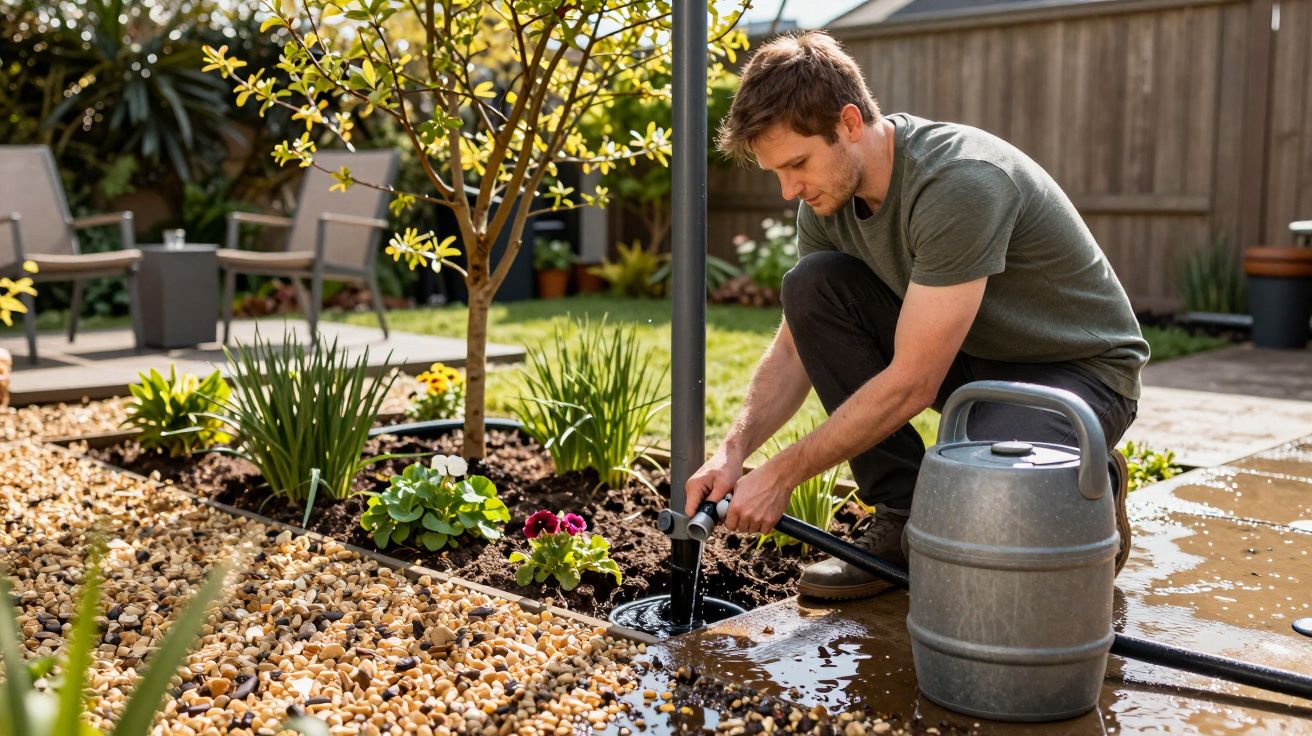 Man using hose to fill watering can in sunlit garden with plants and gravel path.