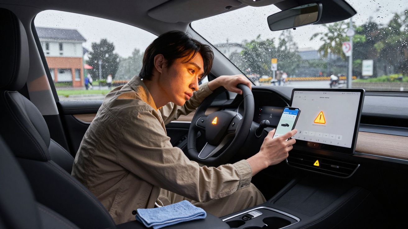 Person in a car using a smartphone to interact with a touchscreen showing a warning icon, outside view is rainy.