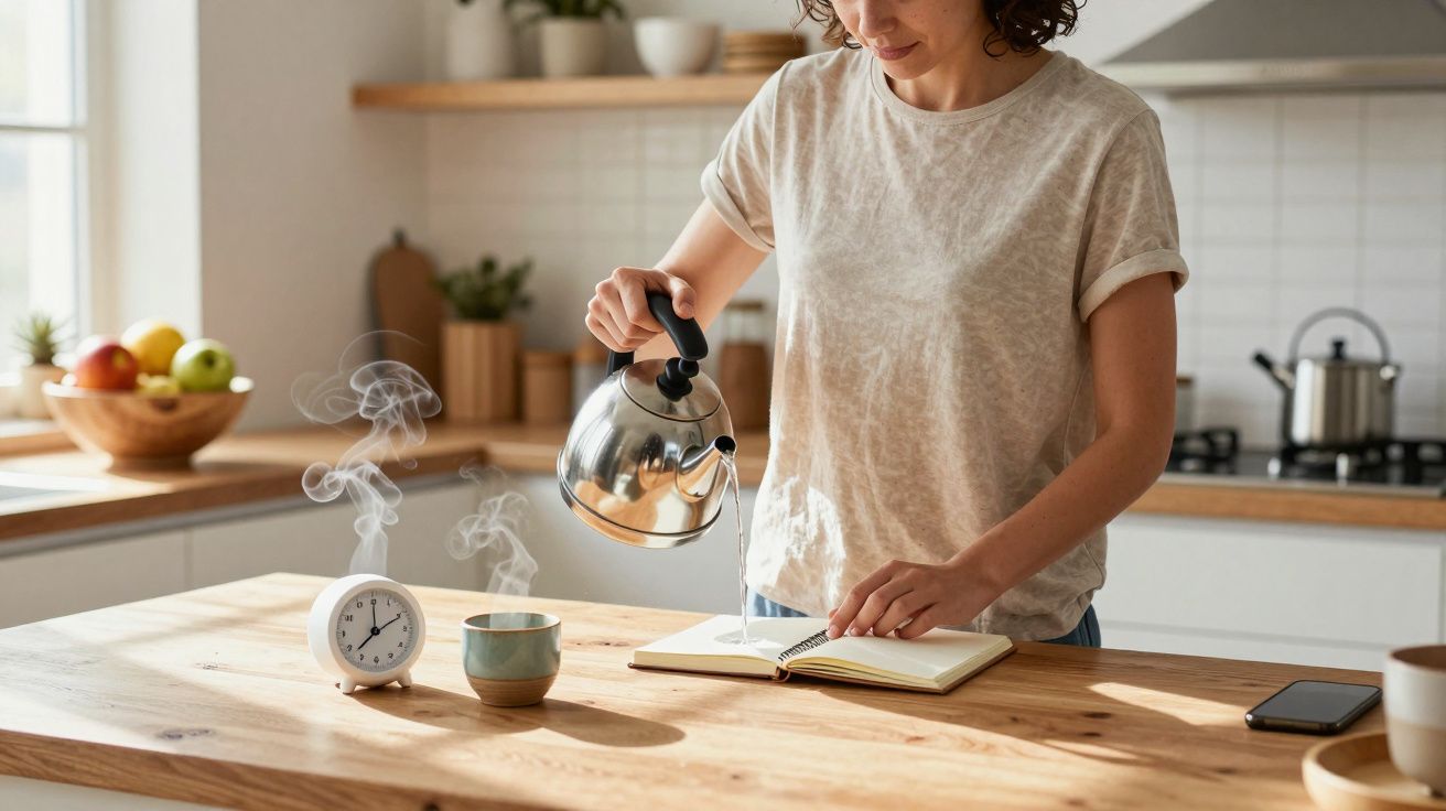 Woman pouring hot water from kettle into cup, reading a notebook on kitchen worktop, with steam rising and a clock nearby.