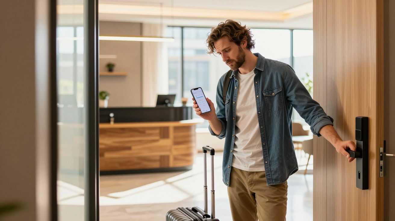 Man checking into a hotel room with smartphone and suitcase, standing at door with reception desk in background.