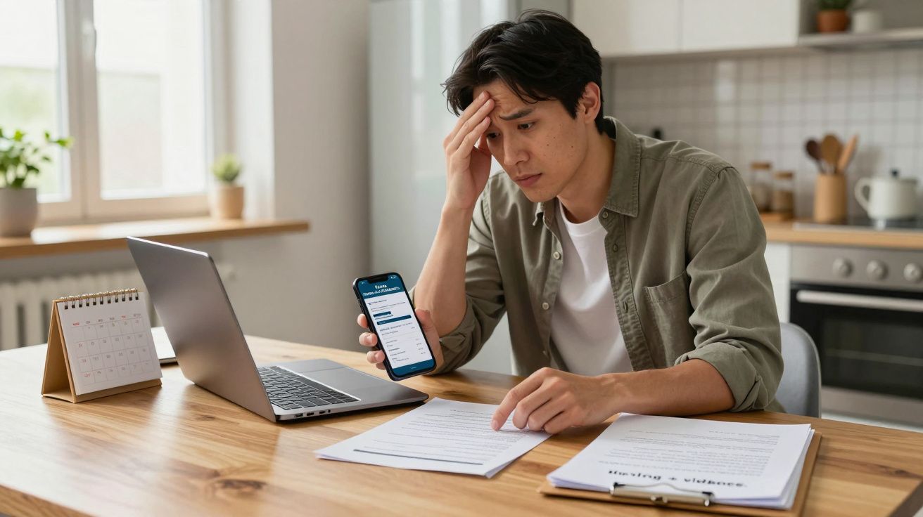 Man sitting at table with laptop, holding phone, looking concerned, surrounded by documents in a kitchen setting.