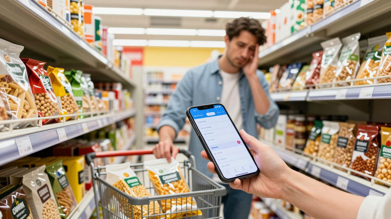 Person in supermarket pushing a trolley, holding head, as another shows a shopping list on a phone screen.