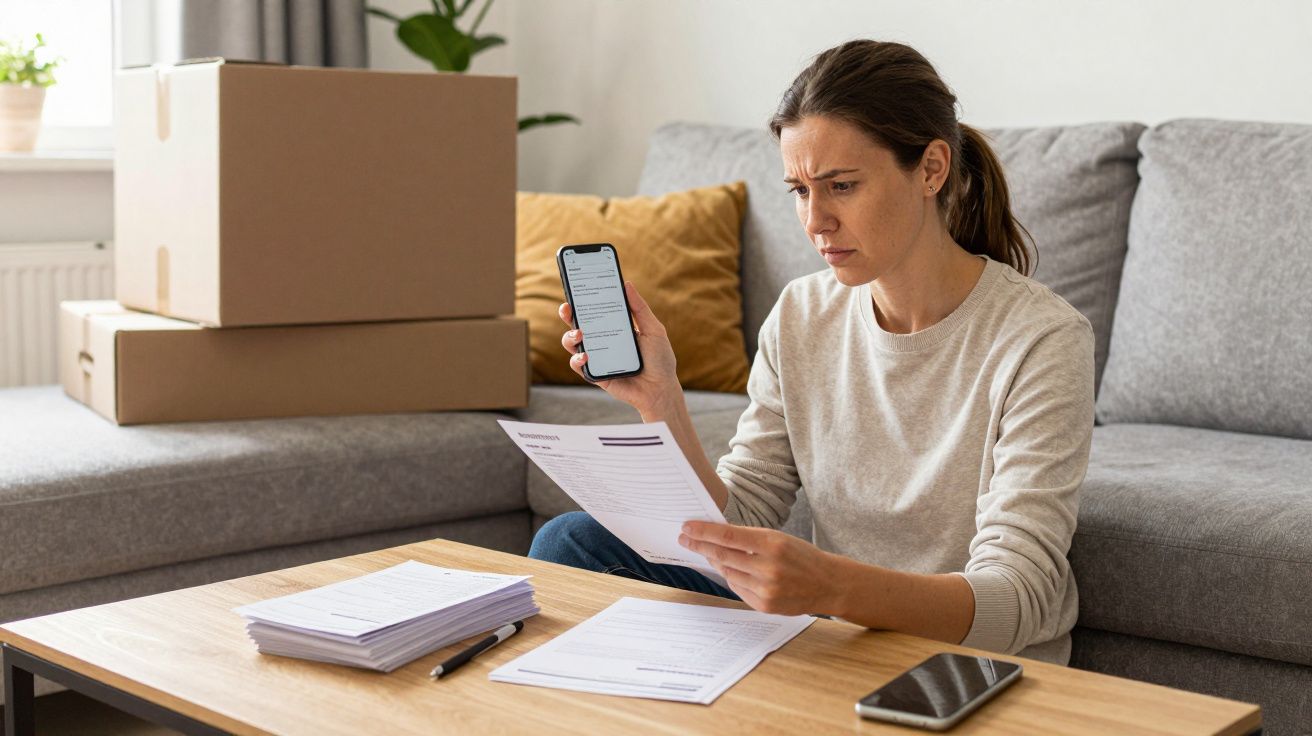 Woman examining paperwork and phone, seated by moving boxes.