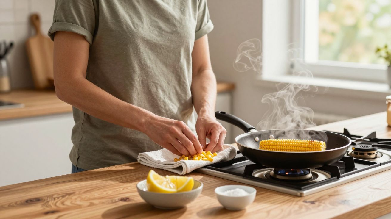 Person cooking corn in a frying pan on a hob, with steaming corn, lemon slices, and a bowl of salt nearby.