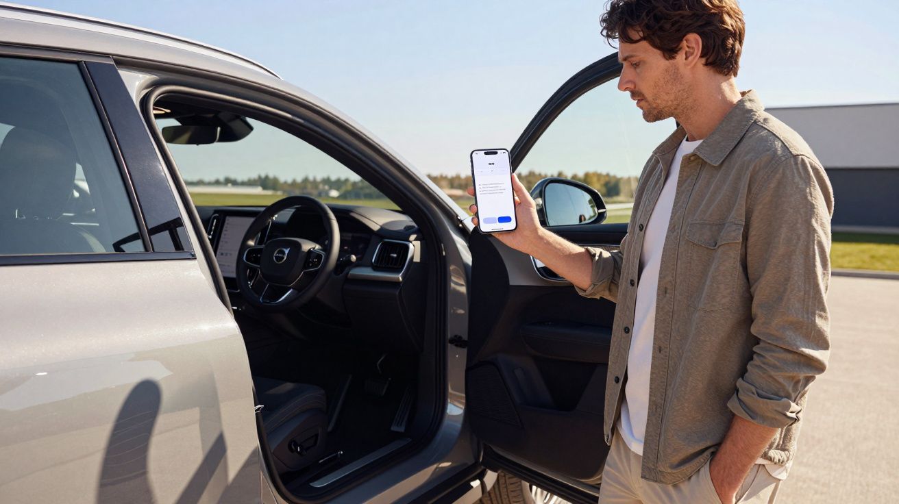 Man using smartphone standing by an open car door on a sunny day.