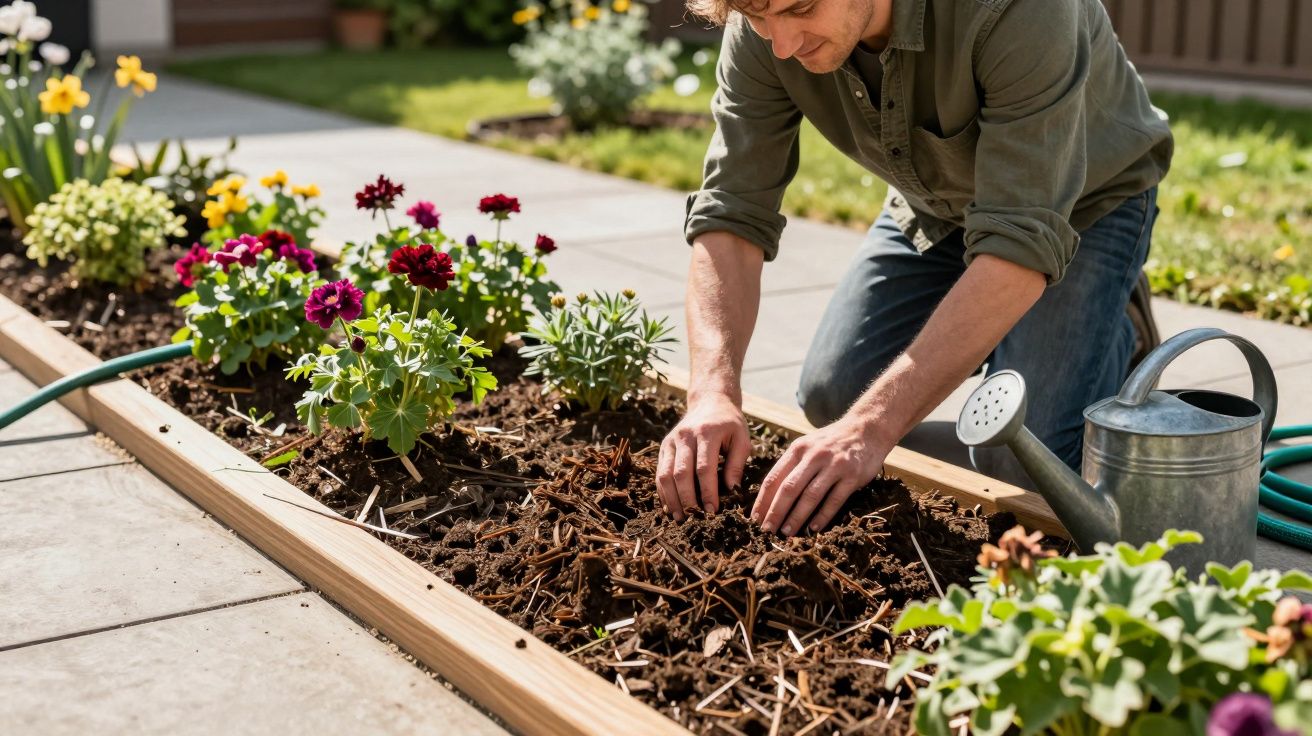 Man kneeling in a garden bed, planting flowers, surrounded by blooming plants and a watering can nearby on a sunny day.