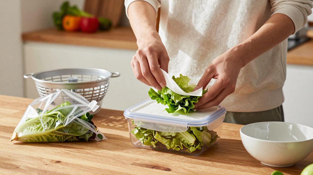 Person packing fresh lettuce into a plastic container and a mesh bag on a kitchen counter.