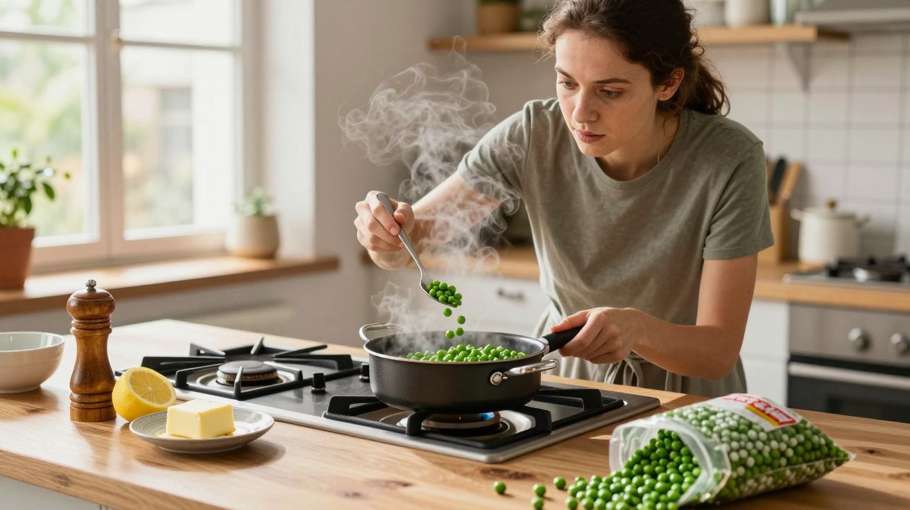Person cooking peas on a stovetop, steam rising, with butter, pepper mill, lemon, and spilled peas on counter nearby.