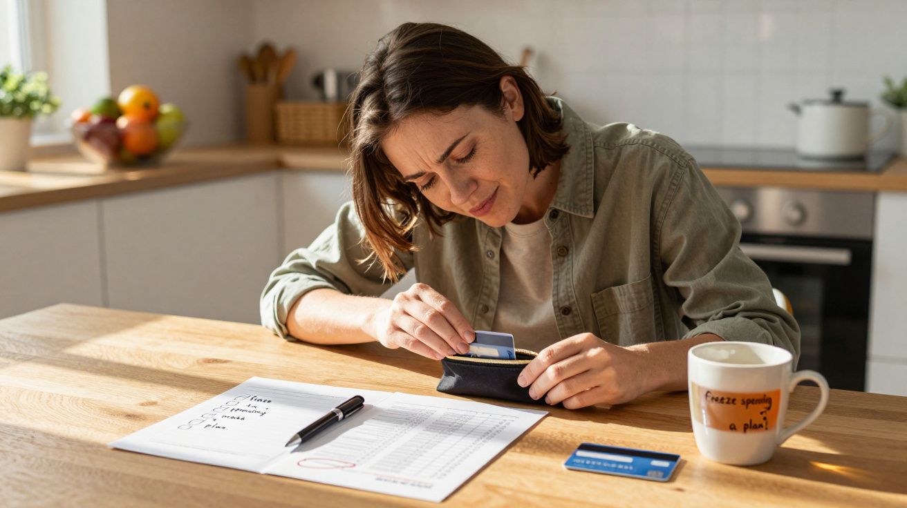 Woman looking in purse at kitchen table with bills, credit card, pen, mug, and planner nearby.