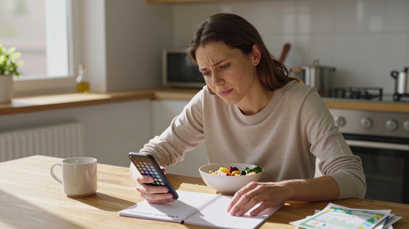 Woman in a kitchen looking at her phone, with papers and a bowl of fruit on the table.