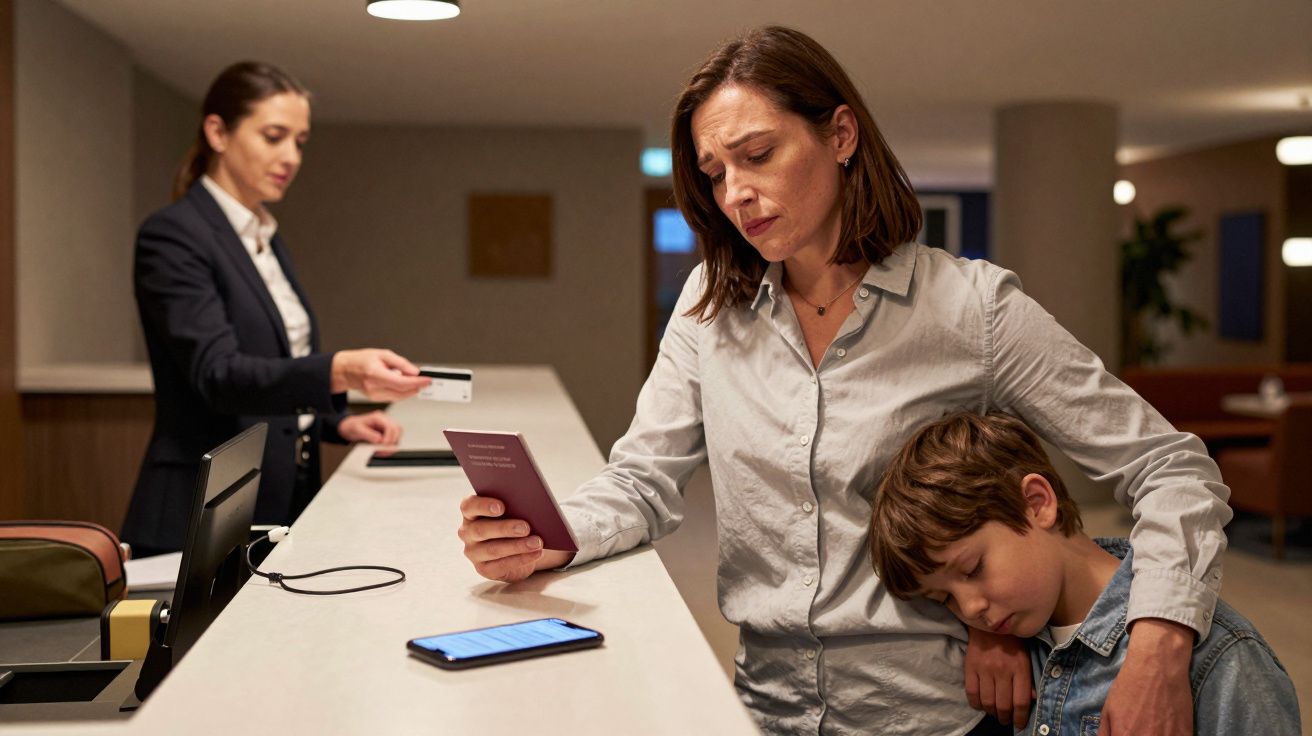 Woman with child checking into hotel, holding passport, while receptionist processes card payment at front desk.