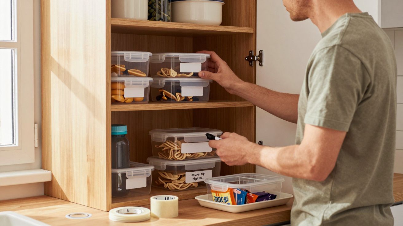 Man organising food containers on wooden kitchen shelves.