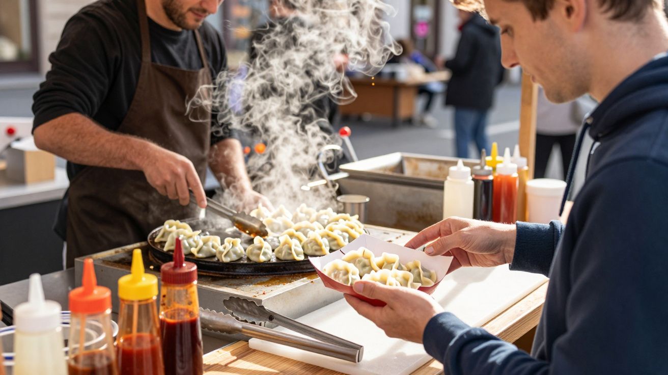 Man serving steaming dumplings to a customer at an outdoor food stall with condiments displayed.