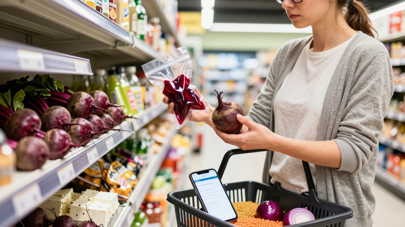 Woman shopping for beetroots in a supermarket aisle, holding a beetroot in one hand and a shopping basket in the other.