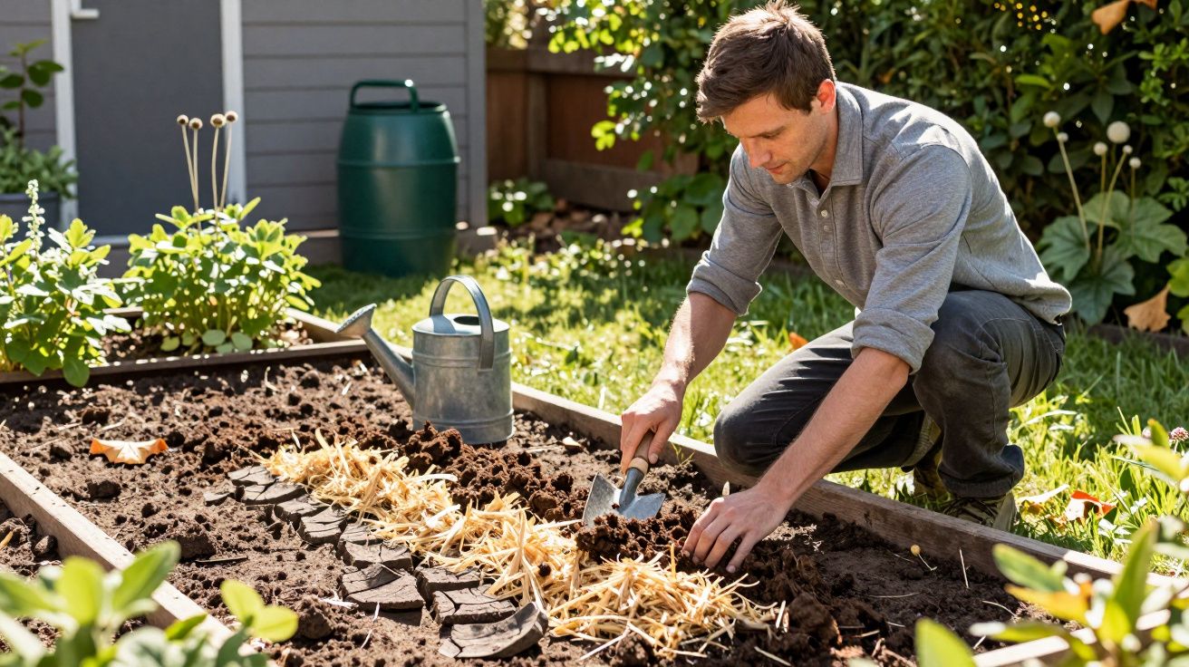 Man gardening, using trowel to plant seeds in soil bed with straw mulch, near watering can, under a sunny sky.