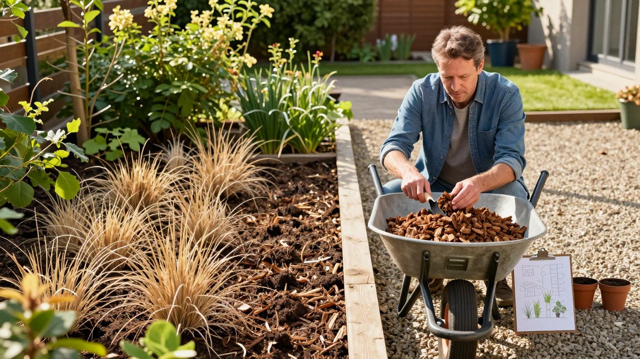 Man gardening, spreading mulch from a wheelbarrow onto flowerbed, with garden plan and empty pots nearby.