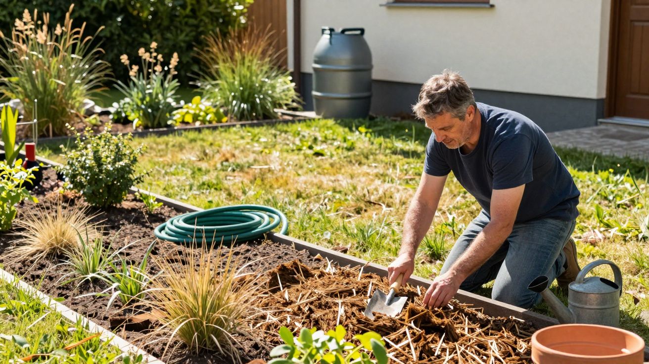 Man tending garden bed with a trowel and watering can nearby, surrounded by plants and hose; sunny day.