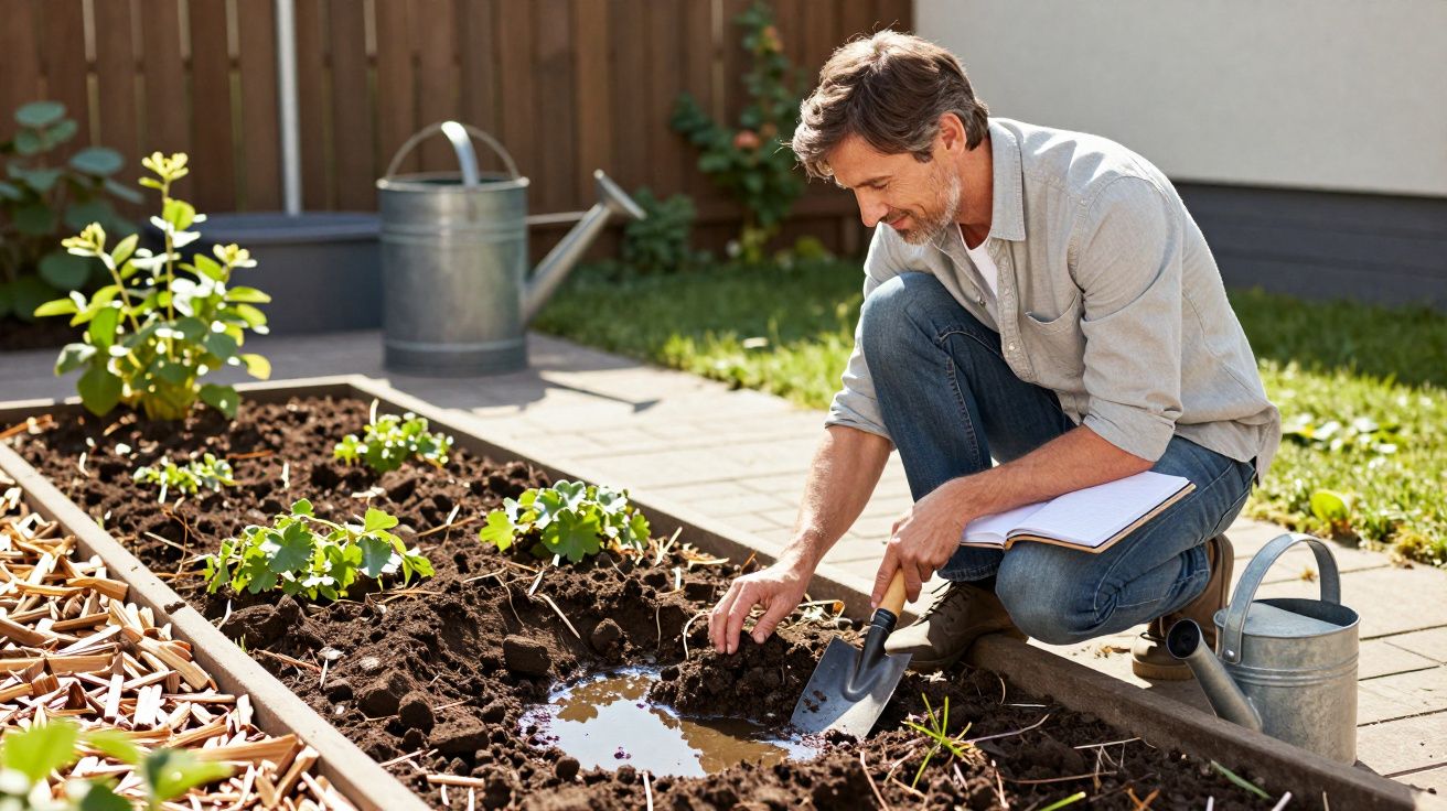 Man kneeling in garden, checking soil with a spade, surrounded by young plants and a watering can.