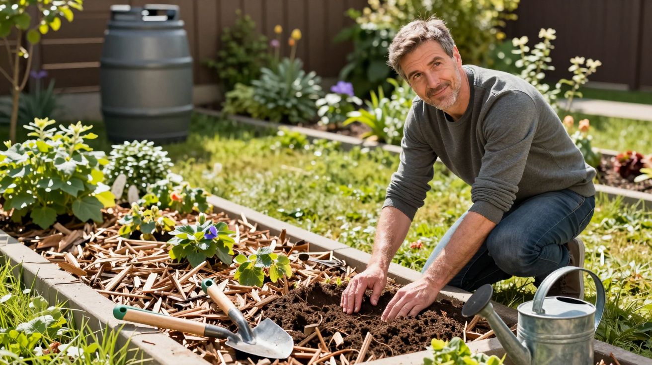Man gardening, kneeling by a planter with tools and a watering can, surrounded by plants in a sunlit garden.