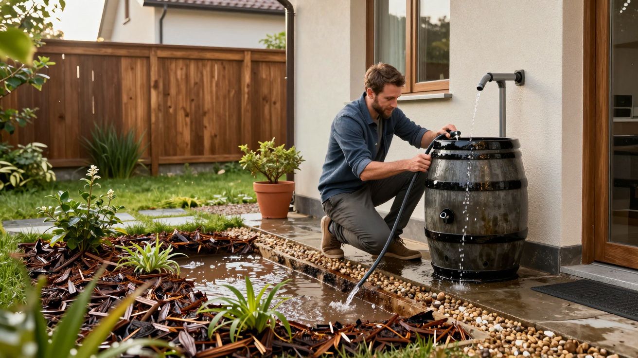 Man filling a black rain barrel with water from a garden tap, surrounded by plants and a wooden fence backdrop.