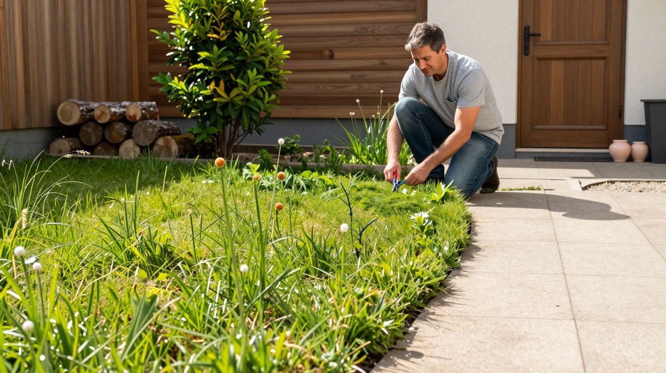 Man trimming garden edge with scissors beside a patio, with a wooden house door and log pile in the background.