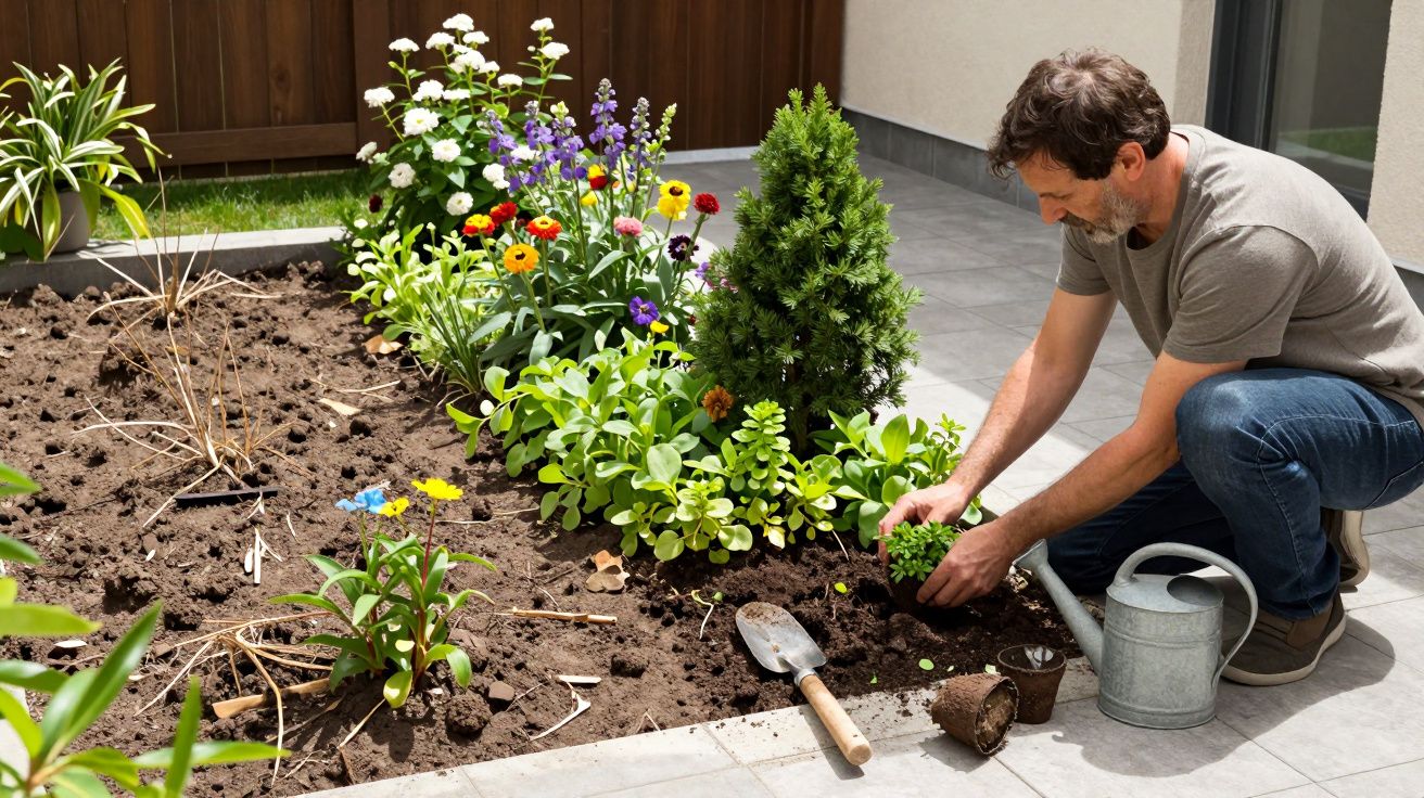 A man gardening, planting young plants in soil, surrounded by colourful flowers and a small green tree, with tools nearby.