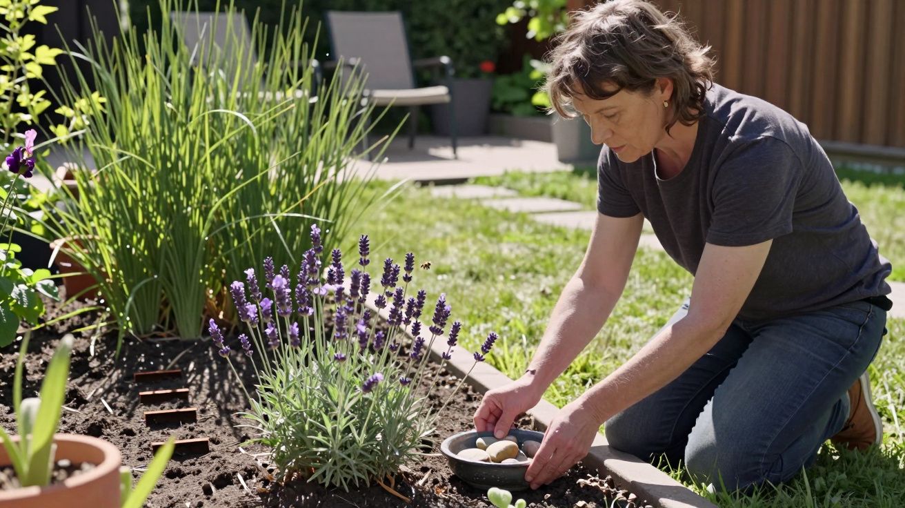 Woman kneeling in a garden, planting with purple flowers and green plants around.