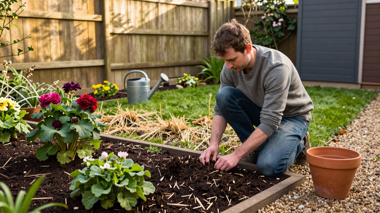Man gardening in a backyard, planting seeds in a raised bed with colourful flowers and a watering can nearby.