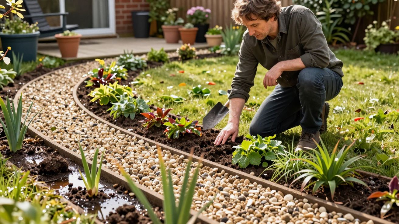 Man gardening in a yard, kneeling beside a pebble path, planting flowers and shrubs, with potted plants in the background.