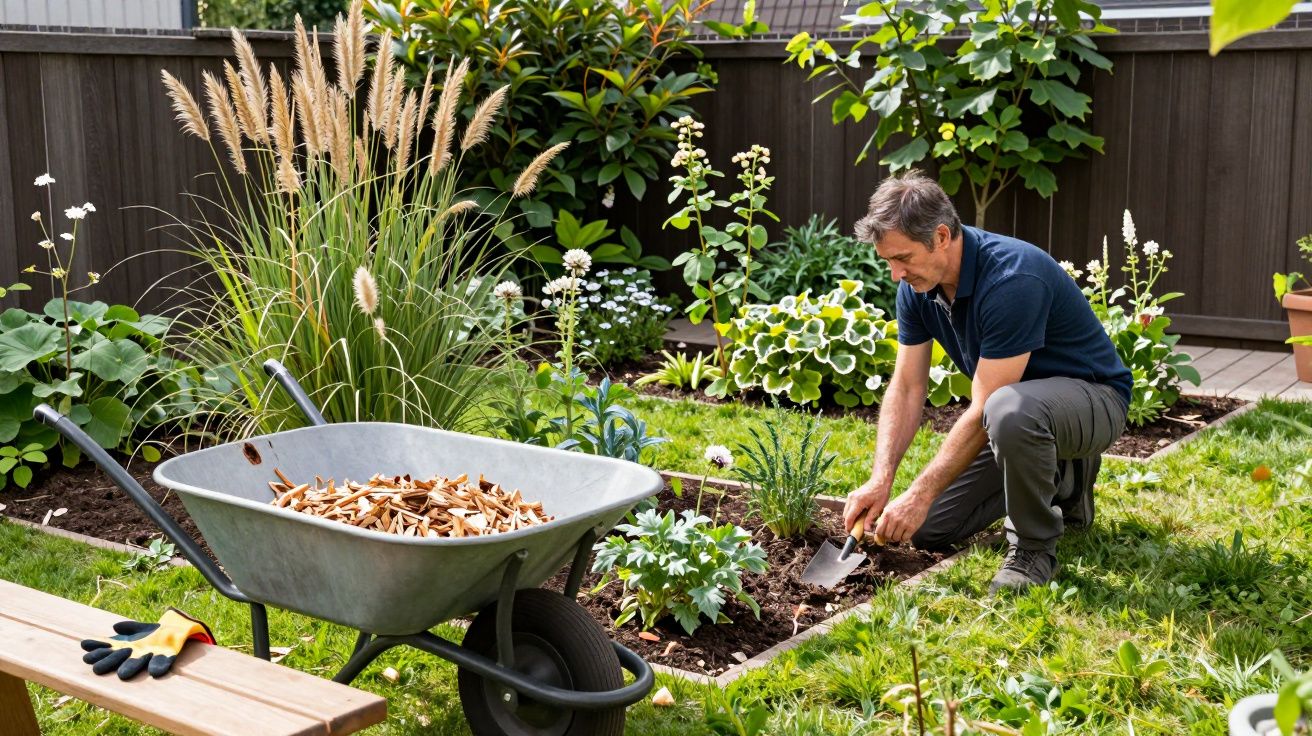 Man gardening, planting flowers in a backyard with a wheelbarrow and gardening tools nearby.