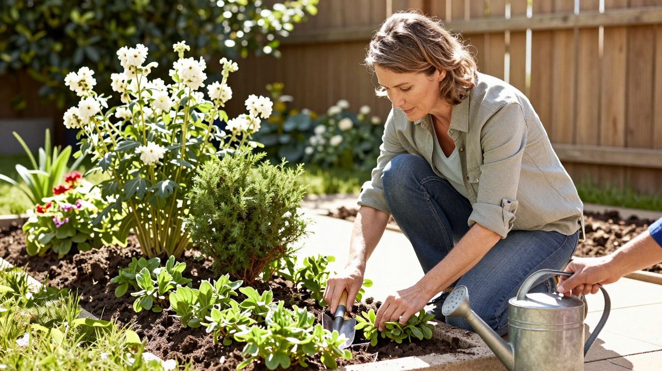 Woman gardening, kneeling by flowerbed, planting seedlings with a trowel, watering can nearby, wooden fence in background.