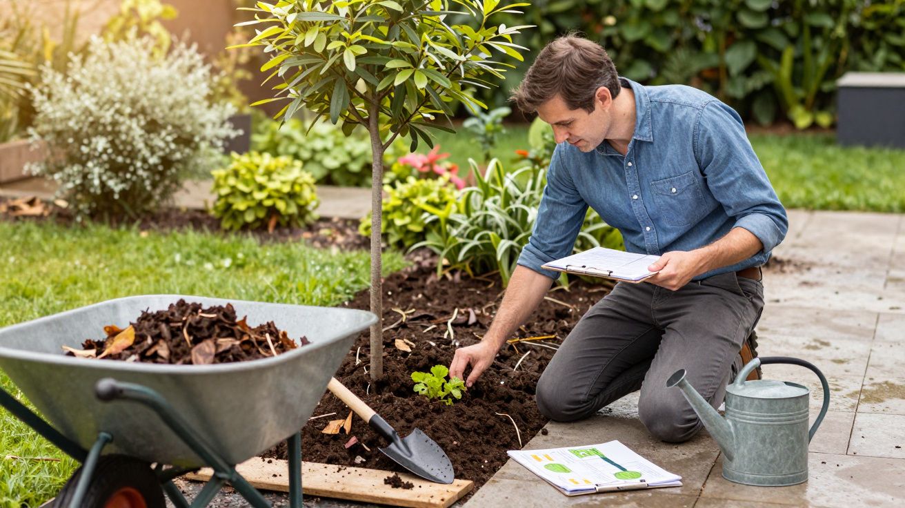 Man kneeling in garden, planting seedling near tree, wheelbarrow and watering can nearby, holding clipboard with notes.