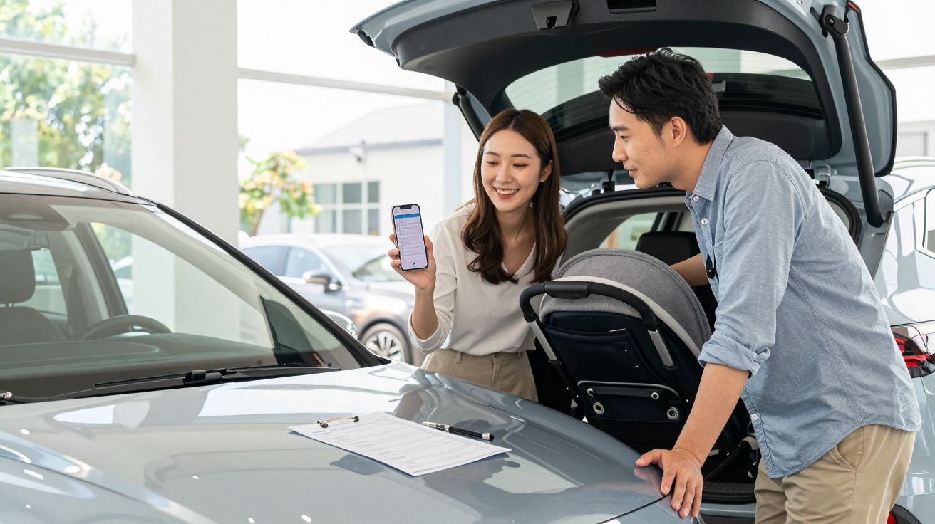 A couple smiles while examining a car in a dealership; the woman holds a smartphone showing a list.