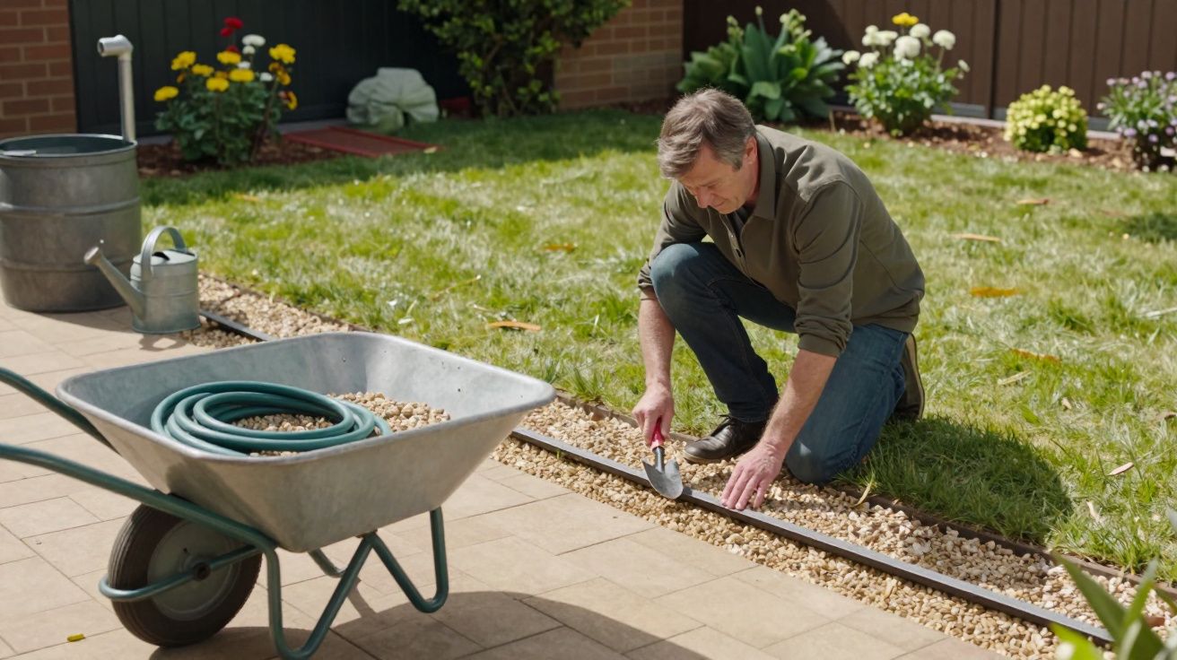Man kneeling in garden, placing pebbles beside grass, with a trowel. Wheelbarrow and watering can nearby.