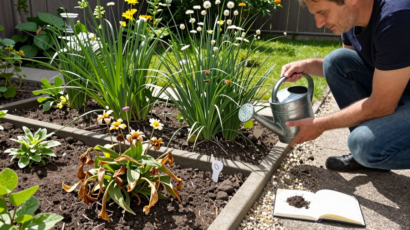 Man watering a flower bed with a watering can, surrounded by blooming plants and a notebook on the ground.