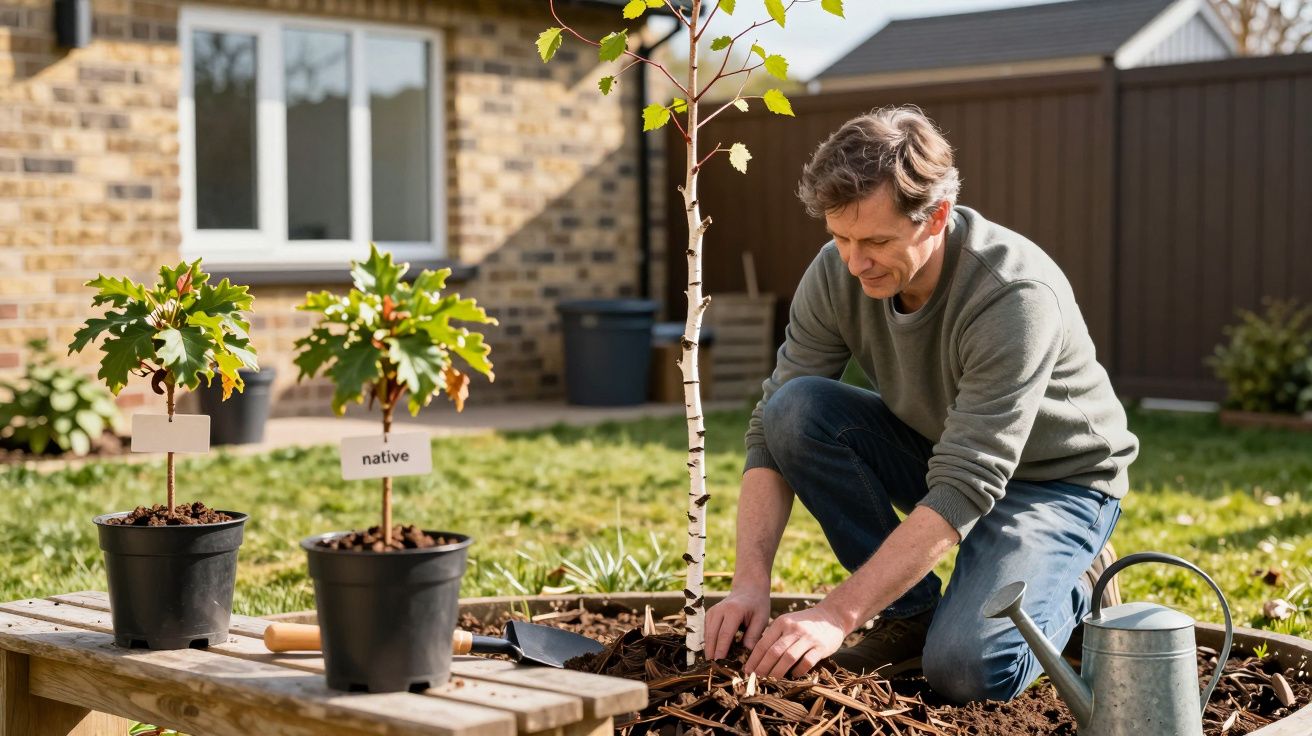 Man planting a tree in a garden, with potted native plants on a bench and a brick house in the background.